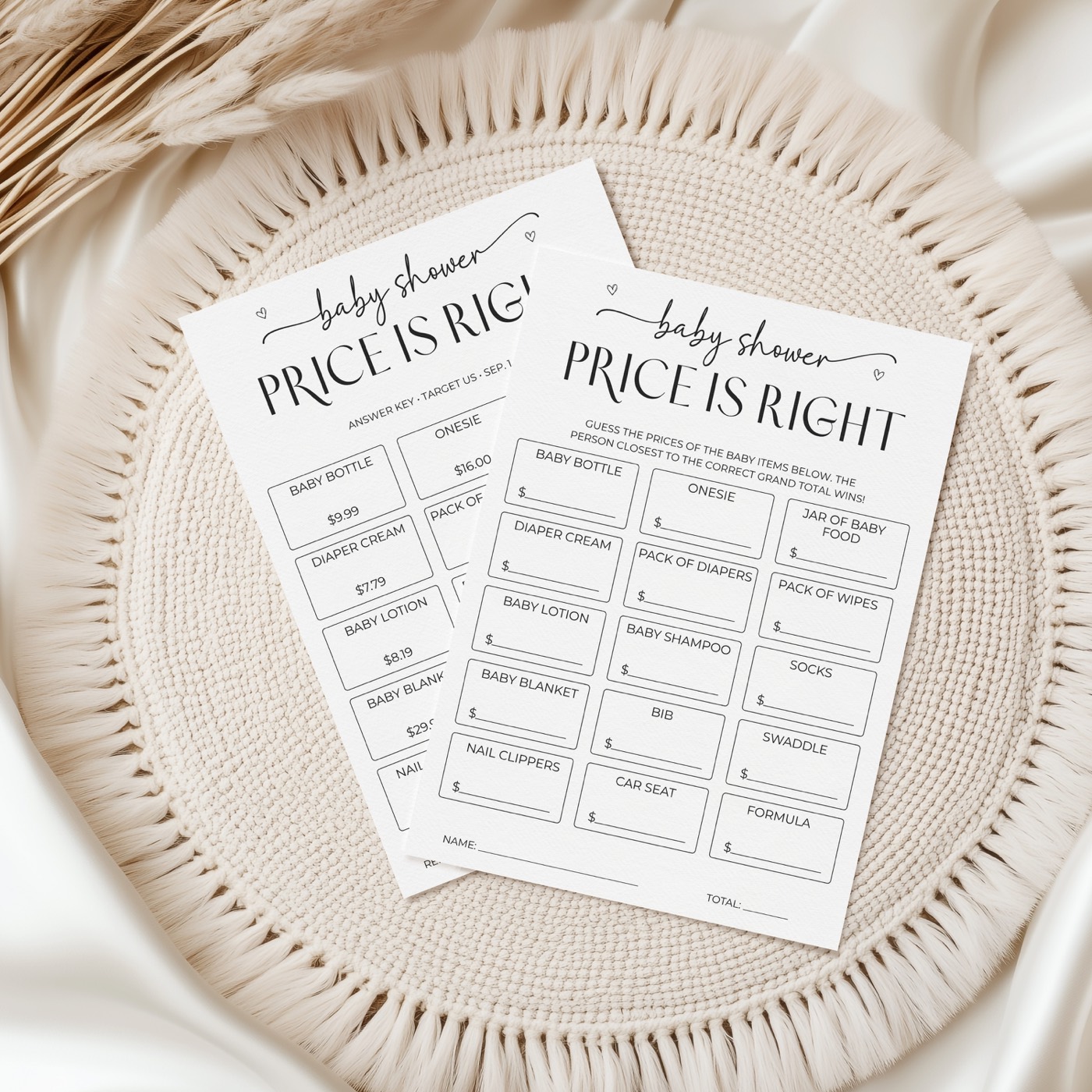 Neutral Sweet & Merry printable game and matching answer key on a cream textile background