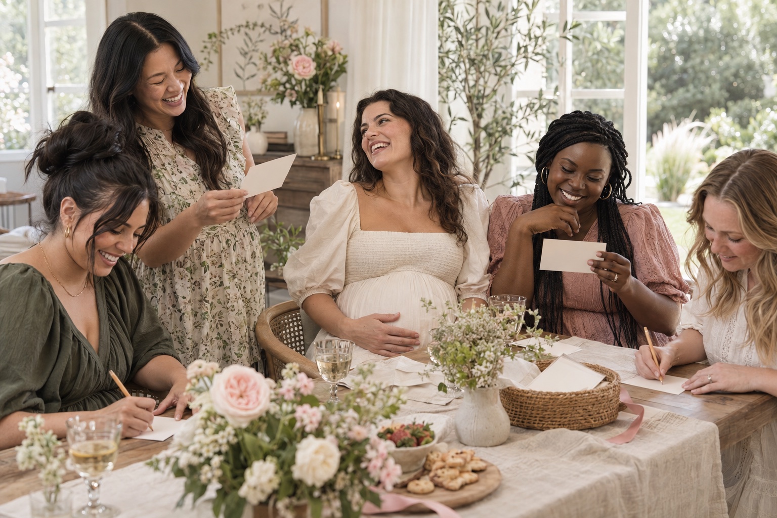 Five friends enjoying a baby shower around a flower-filled table while reading and writing on blank cream cards