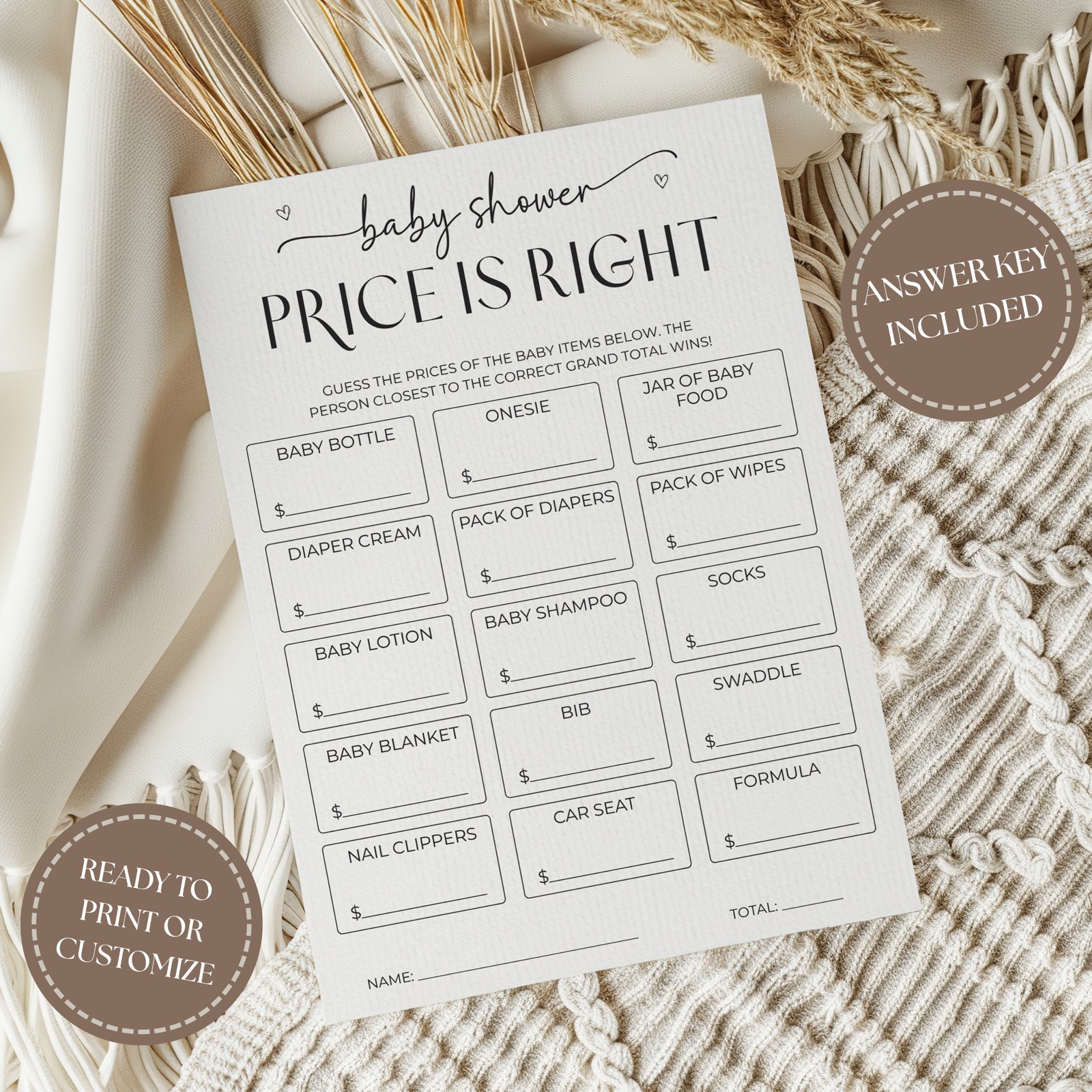 Printable baby shower price-guessing game with an answer key on a neutral fabric background